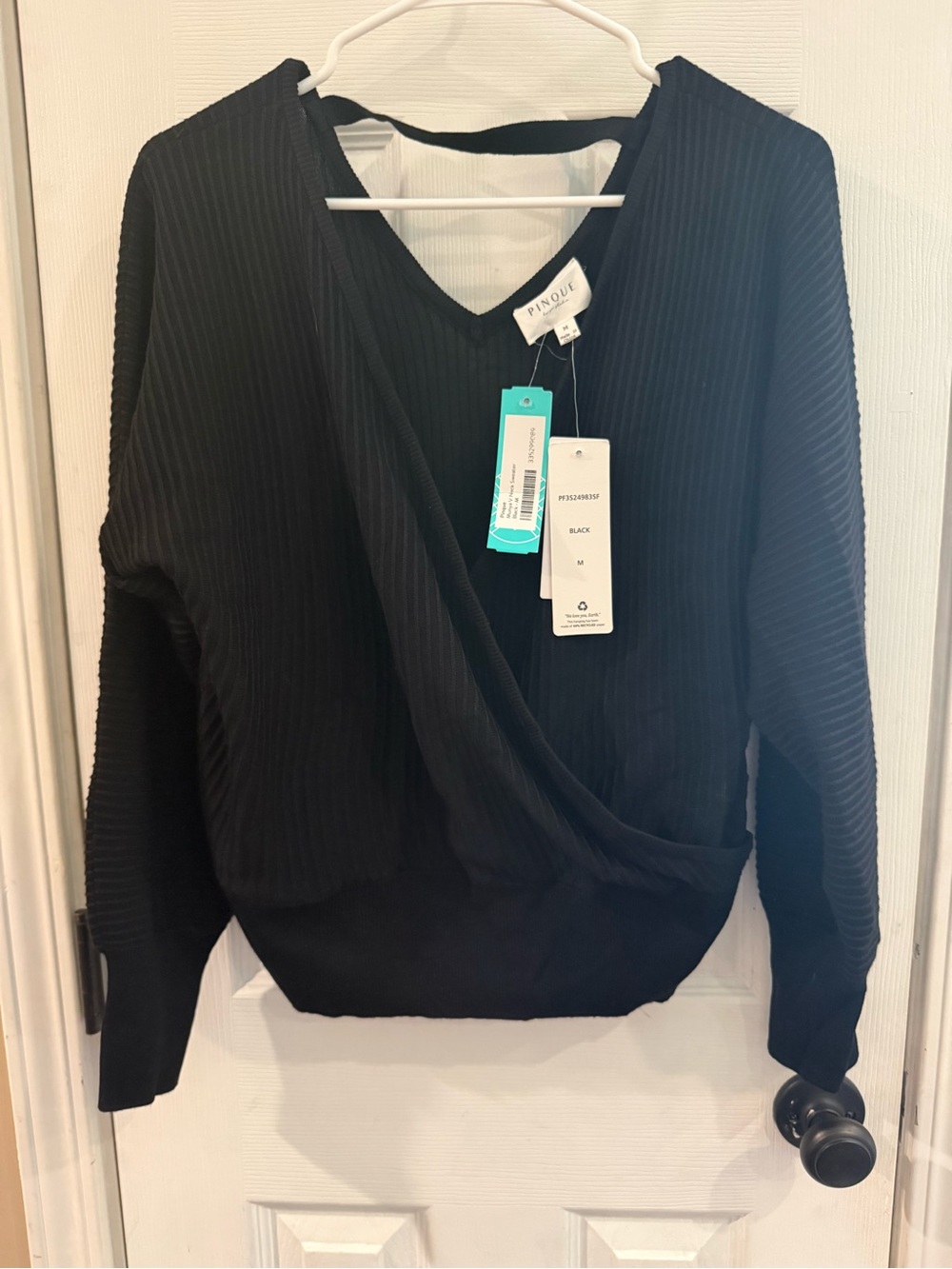 PINQUE Black Ribbed Wrap V-Neck Women's Sweater